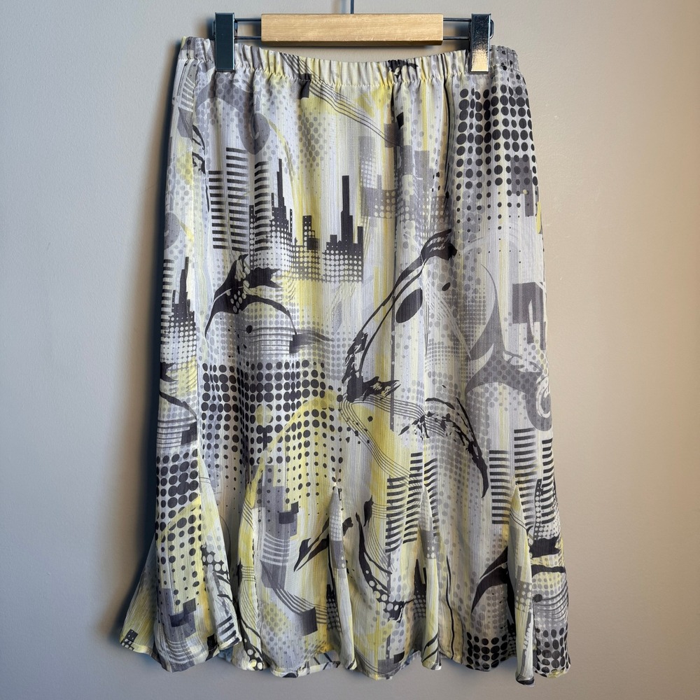 Tanjay Petites Abstract Cityscape Print Midi Skirt Yellow Grey Elastic Waist 10P